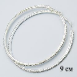 Серьги-кольца№1860 9 см оптом белого цвета со стразами.