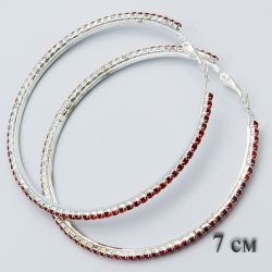 Серьги-кольца№1875 7 см оптом с дорожкой из красных страз.