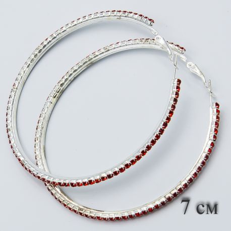 Серьги-кольца№1875 7 см оптом с дорожкой из красных страз.