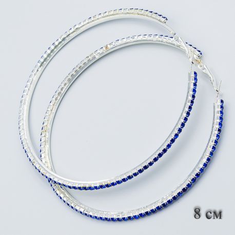 Серьги-кольца№1876 8 см оптом с дорожкой из синих страз.