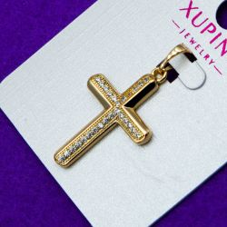 Крестик Xuping№230 гладкий с мелкими белыми цирконами медзолото купить оптом позолотка