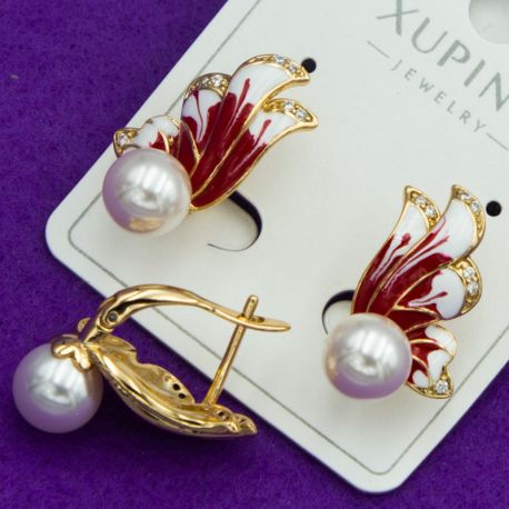 Серьги Xuping№2009 с жемчужиной и эмалью на английском замке бижутерия Харьков оптом.