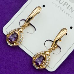 Серьги Xuping№2019 висюлька в виде капли с сиреневым цирконом на английском замке куплю оптом недорого бижумаркет.