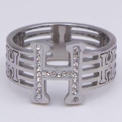 Кольцо сталь№696 16.17.18р Hermès буква «H» с камнями основа с горизонтальными прорезями купить качественные украшения оптом.