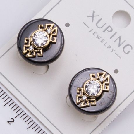 Серьги Xuping№2328 черный керамический круг с ажурной золотой накладкой купить бижутерию Харьков оптом.