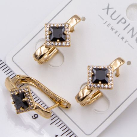 Серьги Xuping№2434 с черным центральным квадратным цирконом ювелирная бижутерия Харьков оптом.