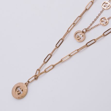 Цепочка сталь№780 55 + 40 см двойная подвеска с медальоном Gucci 18К украшения высокого качества оптом.