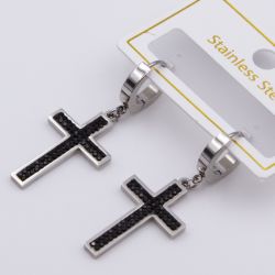 Серьги сталь№804 Stainless Steel классический прямоугольный крест с черными цирконами куплю бижутерию сталь оптом.
