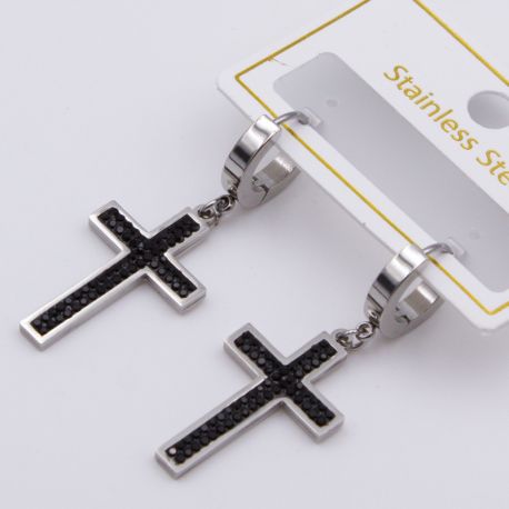 Серьги сталь№804 Stainless Steel классический прямоугольный крест с черными цирконами куплю бижутерию сталь оптом.