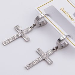 Серьги сталь№805 Stainless Steel классический прямоугольный крест с белыми цирконами куплю бижутерию сталь оптом.