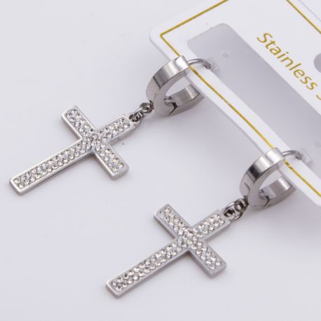 Серьги сталь№805 Stainless Steel классический прямоугольный крест с белыми цирконами куплю бижутерию сталь оптом.