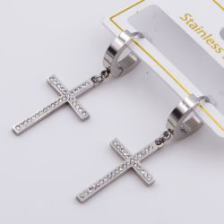 Серьги сталь№806 Stainless Steel классический прямоугольный крест с белыми цирконами куплю бижутерию сталь оптом.