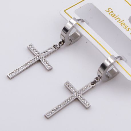 Серьги сталь№806 Stainless Steel классический прямоугольный крест с белыми цирконами куплю бижутерию сталь оптом.