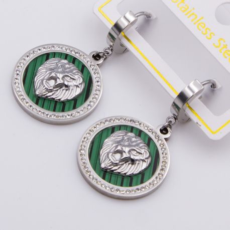 Серьги сталь№830 голова льва Gucci с эмалью под малахит куплю бижутерию сталь оптом.