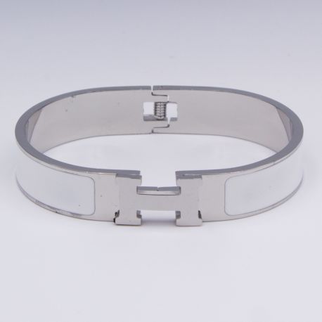 Браслет сталь№848 жесткий брендовый браслет Hermes с белой эмалью купить качественные украшения.