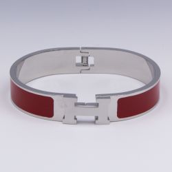 Браслет сталь№849 жесткий брендовый браслет Hermes с бордовой эмалью купить качественные украшения.