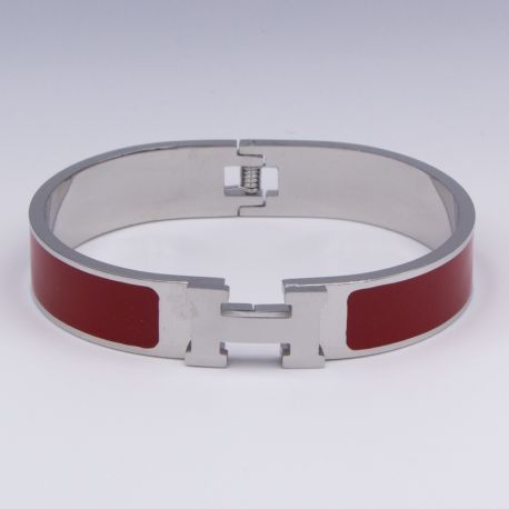 Браслет сталь№849 жесткий брендовый браслет Hermes с бордовой эмалью купить качественные украшения.