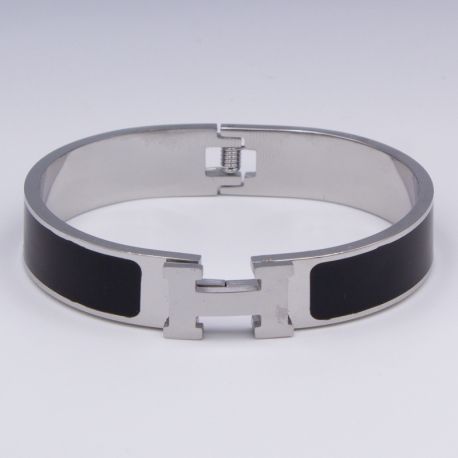 Браслет сталь№850 жесткий брендовый браслет Hermes с черной эмалью купить качественные украшения.