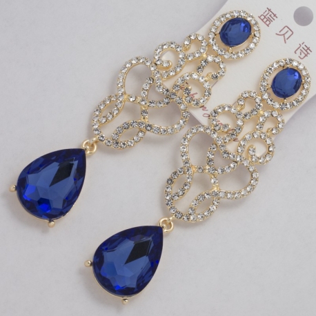 Серьги№1174 синий овальный камень висюлькой и ажурная сеточка под золото с белыми стразами